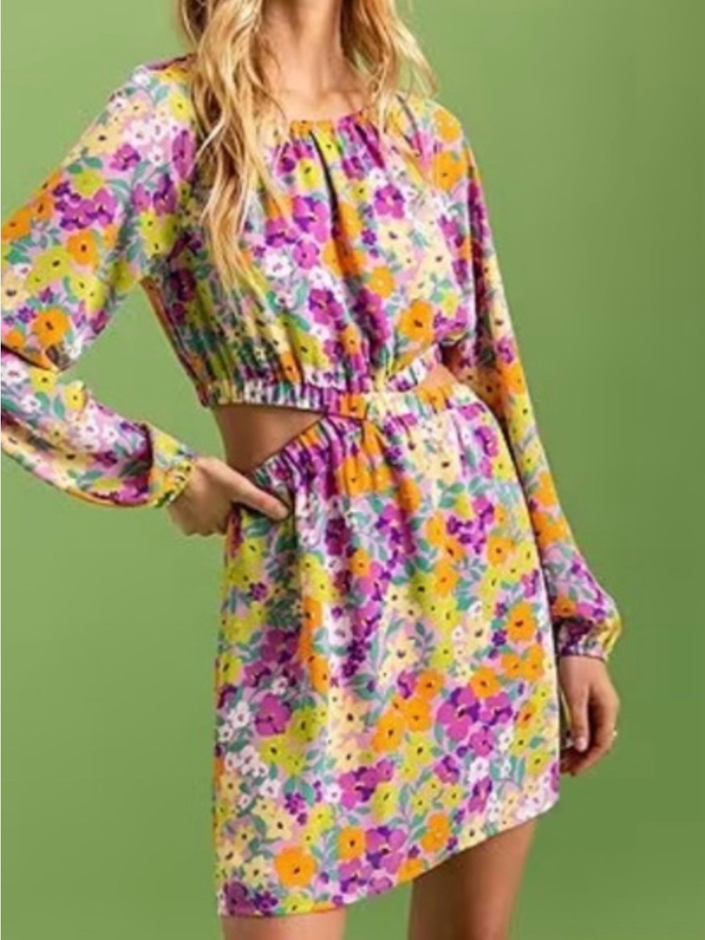Sanctuary Floral Cutout Long-Sleeve Mini Dress in Yellow & Purple